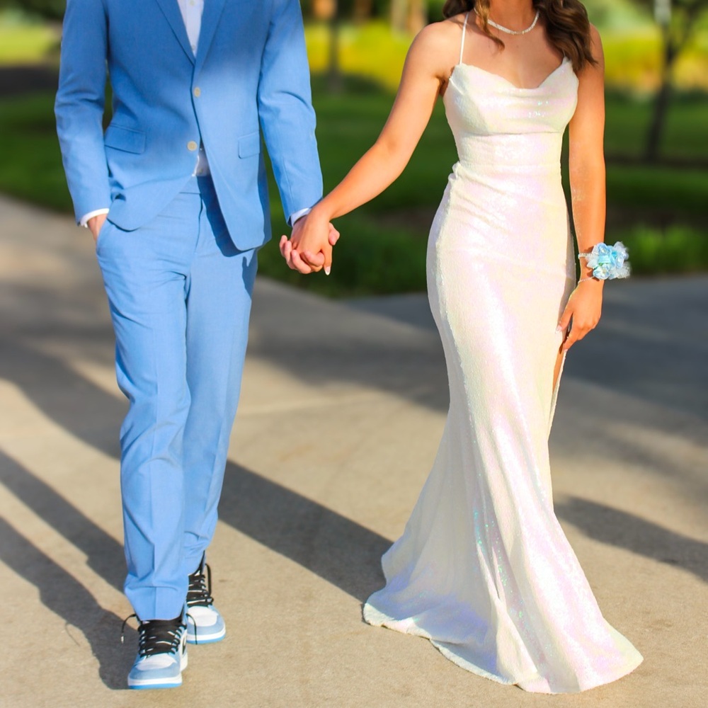 white iridescent prom dress!!